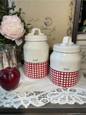 Rae Dunn white red plaid gingham ceramic canister set